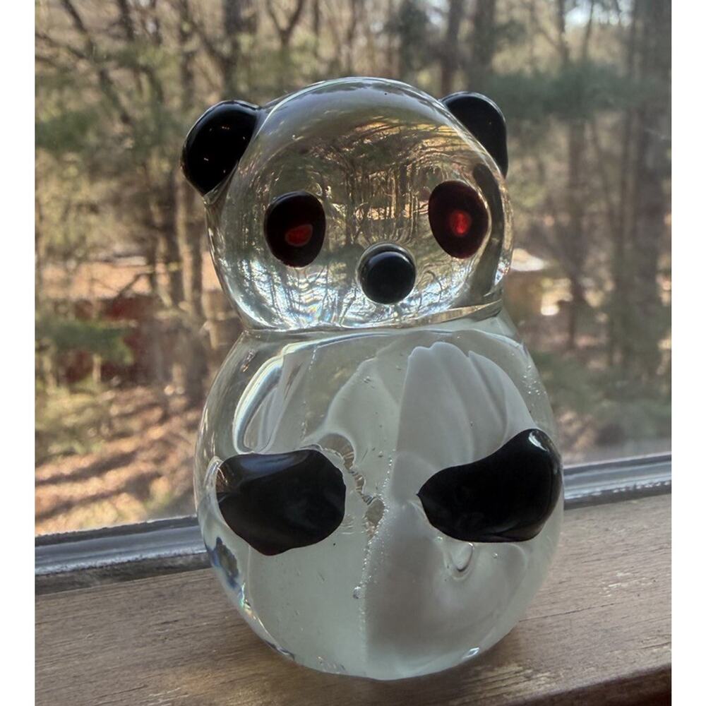 Vintage Art Glass Panda Bear Paperweight 2.5” Clear Glass 3470-45